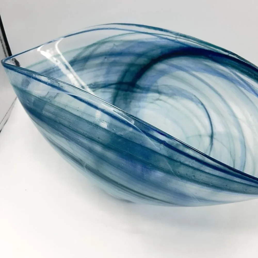 14"x7" Oval Blue Folded Satin Glass Bowl Lines Swirls - Picture 6 of 16